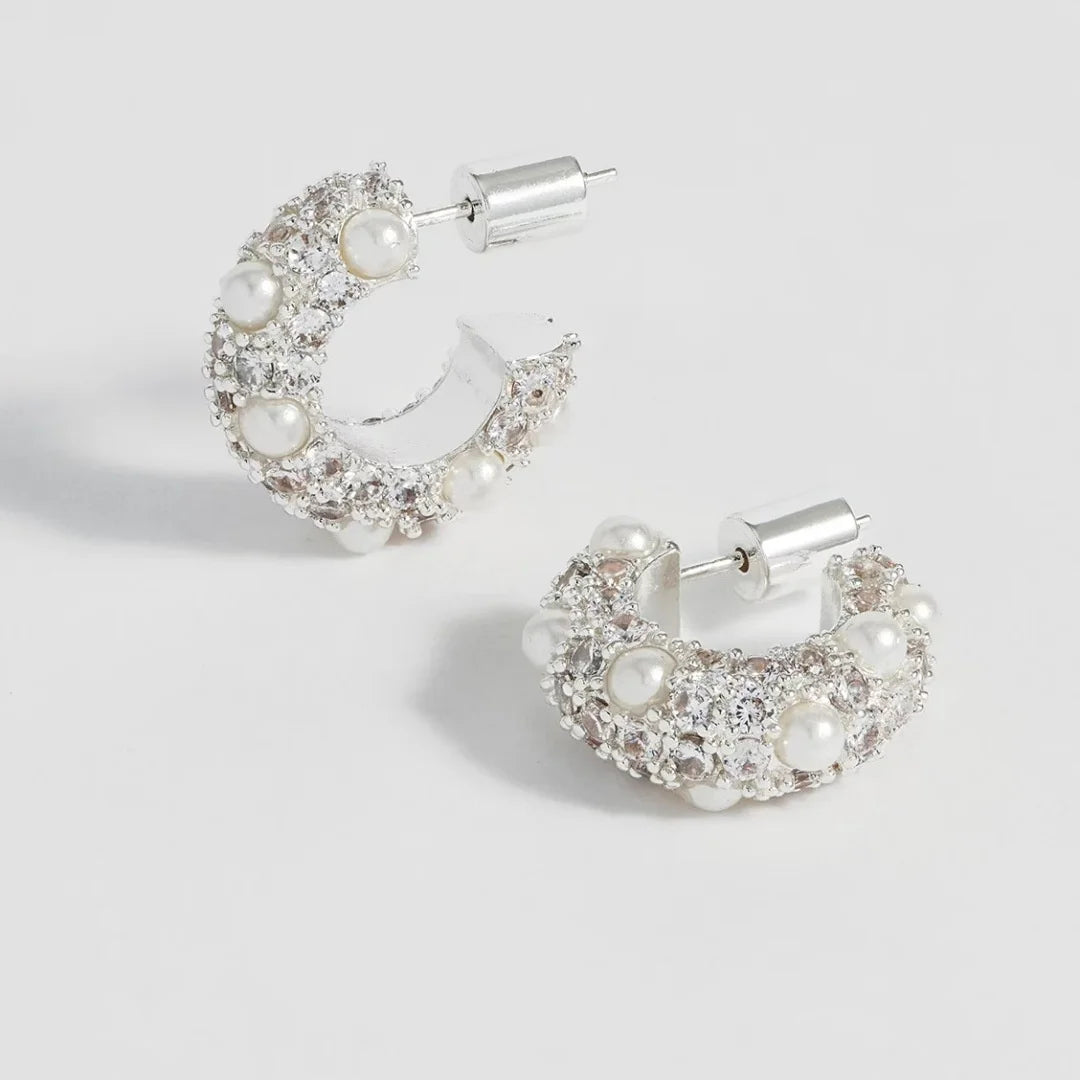 Elegant Must-Have Earring 18K White Gold Plated Silver Pearl & Zircon C Shape Ear Hoop/Huggies/Studs Niche Statement Ins Jewelry