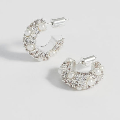 Elegant Must-Have Earring 18K White Gold Plated Silver Pearl & Zircon C Shape Ear Hoop/Huggies/Studs Niche Statement Ins Jewelry