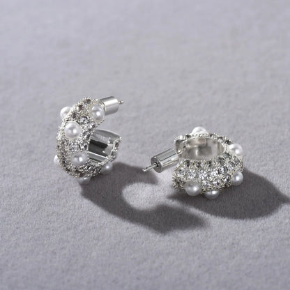 Elegant Must-Have Earring 18K White Gold Plated Silver Pearl & Zircon C Shape Ear Hoop/Huggies/Studs Niche Statement Ins Jewelry
